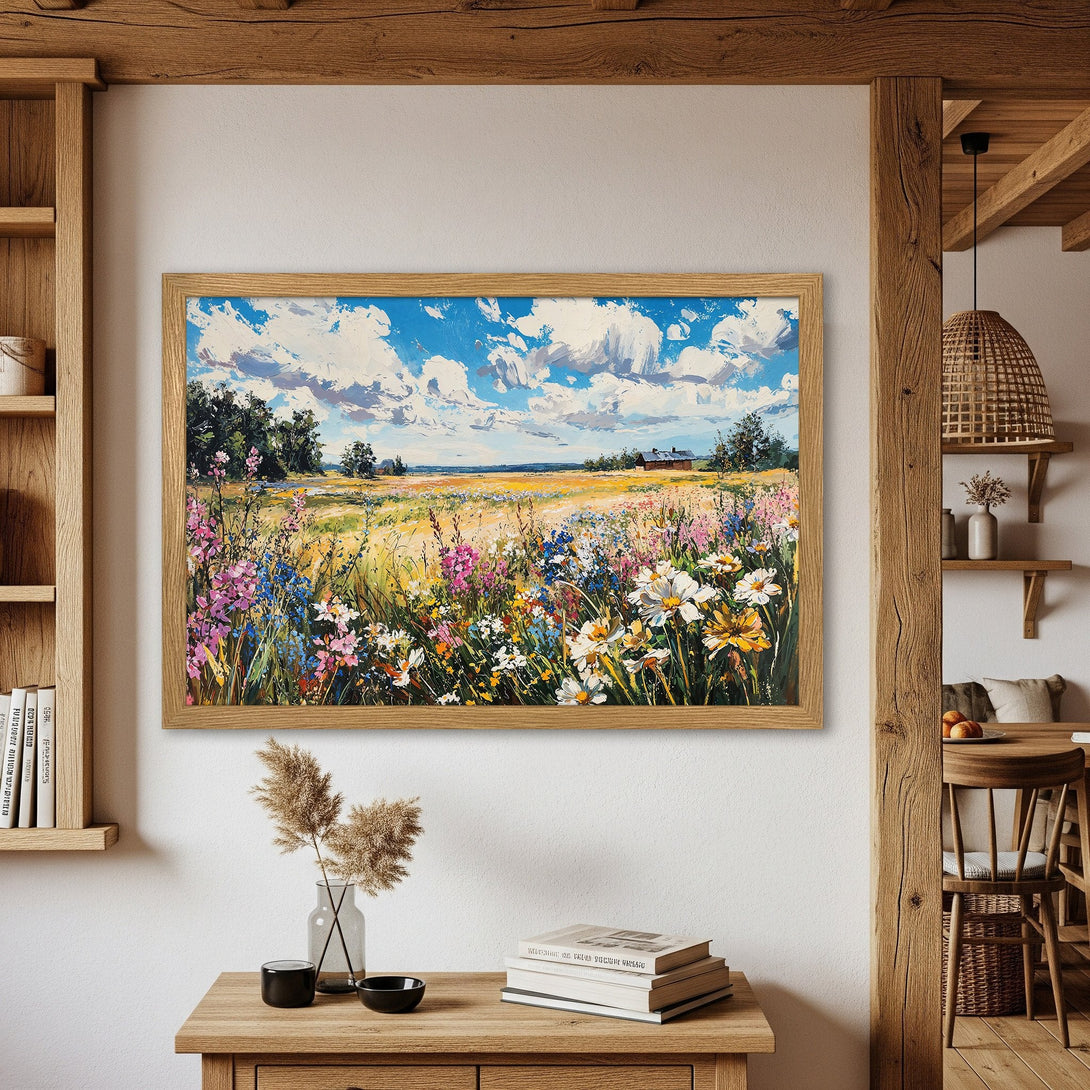 Framed Poster of a vibrant field landscape painting. Impressionistic style with a colorful palette of blues, yellows, and greens. Perfect wall art!