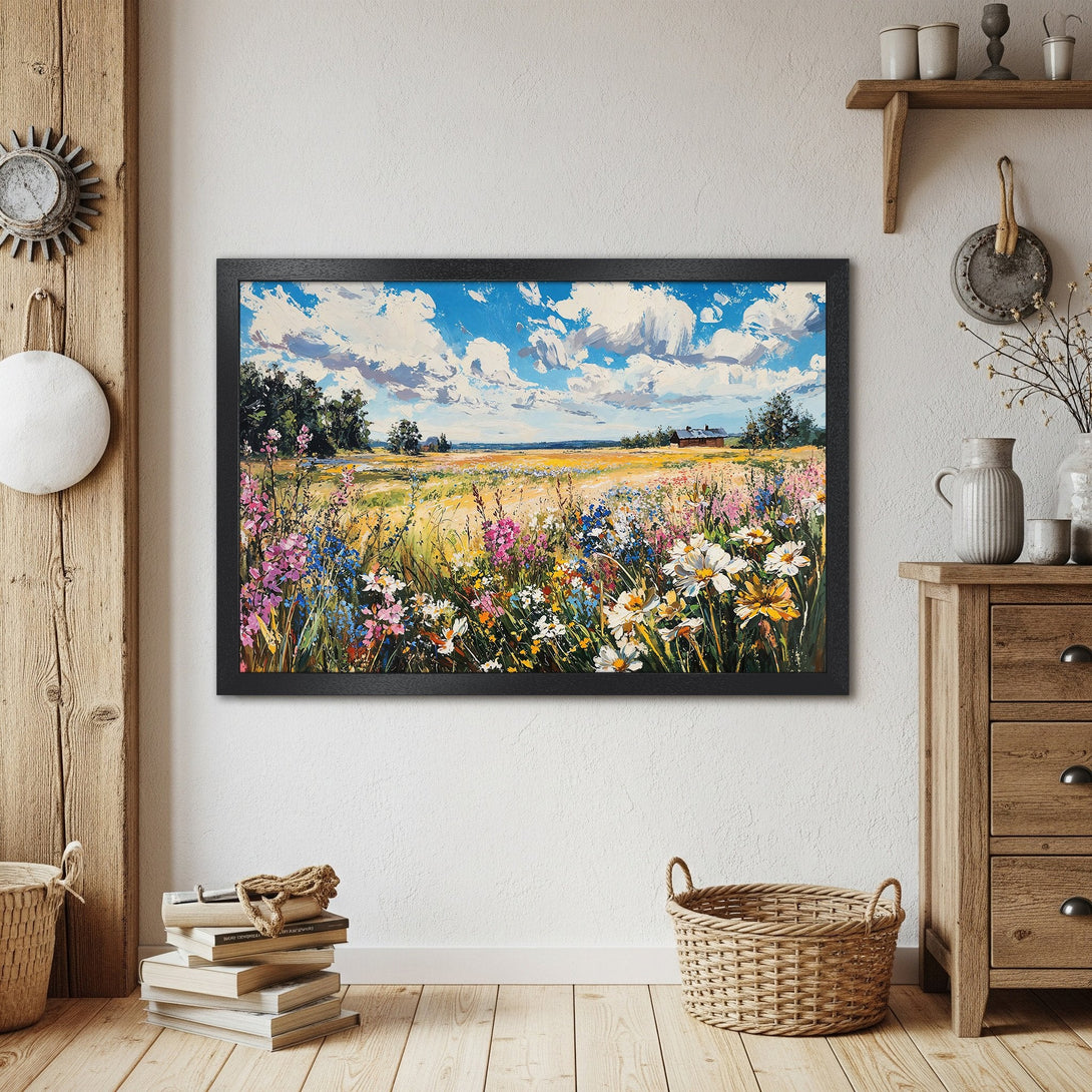 Framed Poster of a vibrant wildflower meadow painting. Impressionistic style, featuring a blue sky and colorful blooms. Perfect wall art!