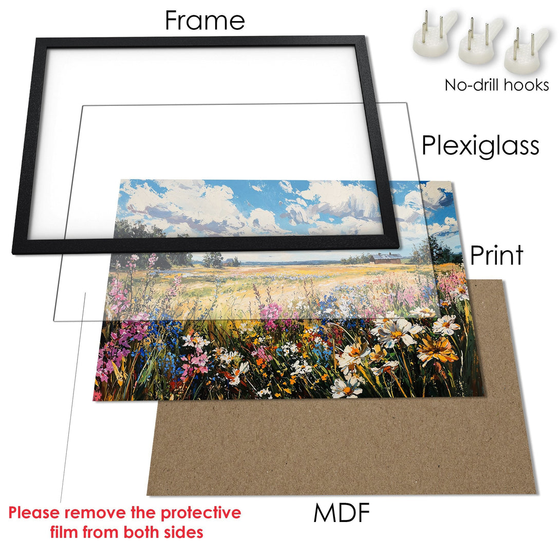 Framed Poster featuring a vibrant floral landscape painting in a colorful palette. Perfect art for your home decor!