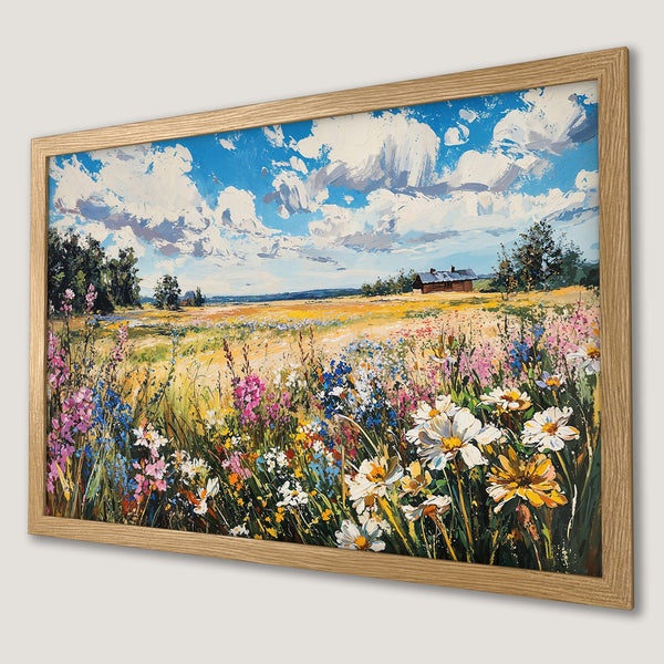 Framed Poster of a vibrant field landscape painting with blue sky, white clouds, and colorful wildflowers. A beautiful art piece.
