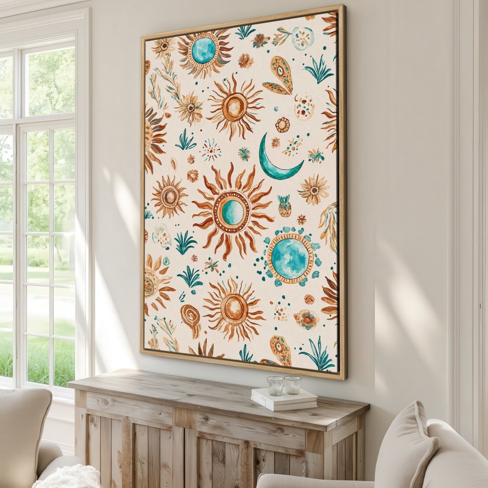 Boho Canvas Print featuring sun and moon watercolor art in warm earth tones and turquoise accents. Perfect for adding a touch of whimsy!