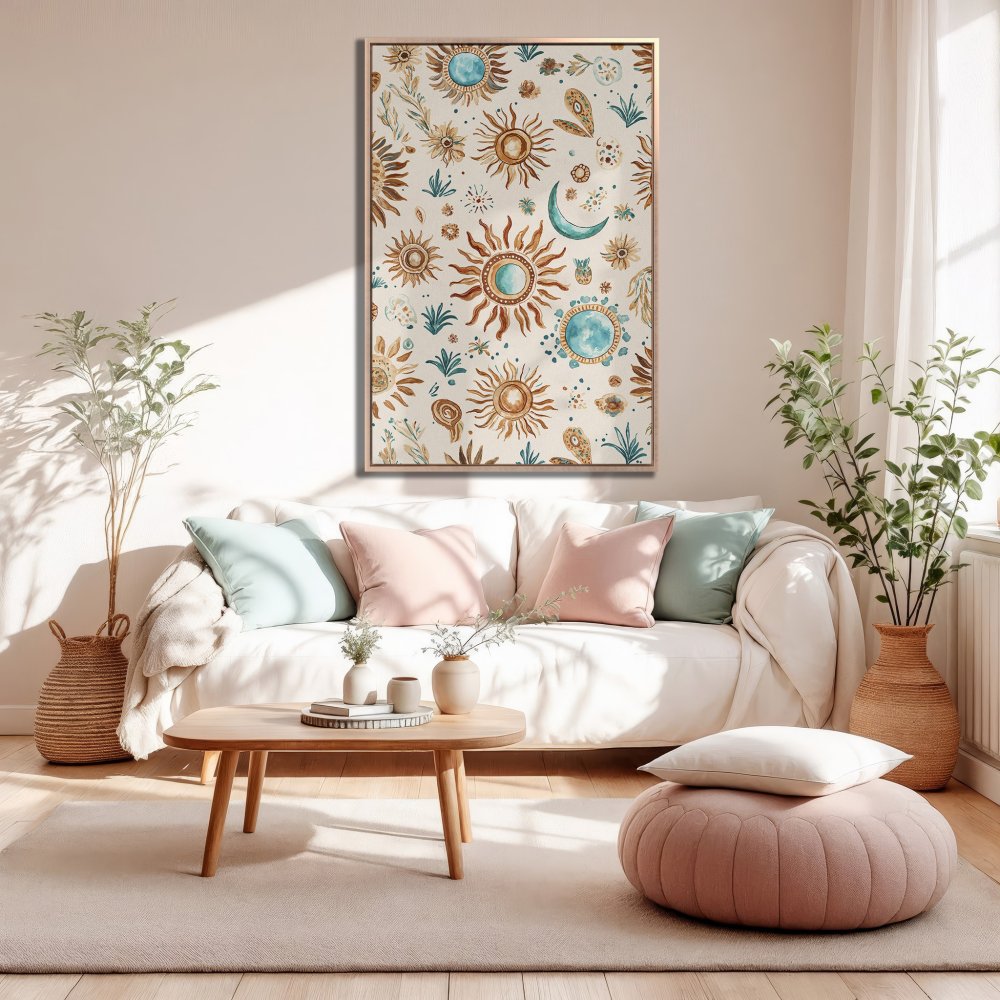 Framed Wall Art featuring a boho sun and moon design in warm, neutral tones. Perfect for adding a touch of celestial style to your home!