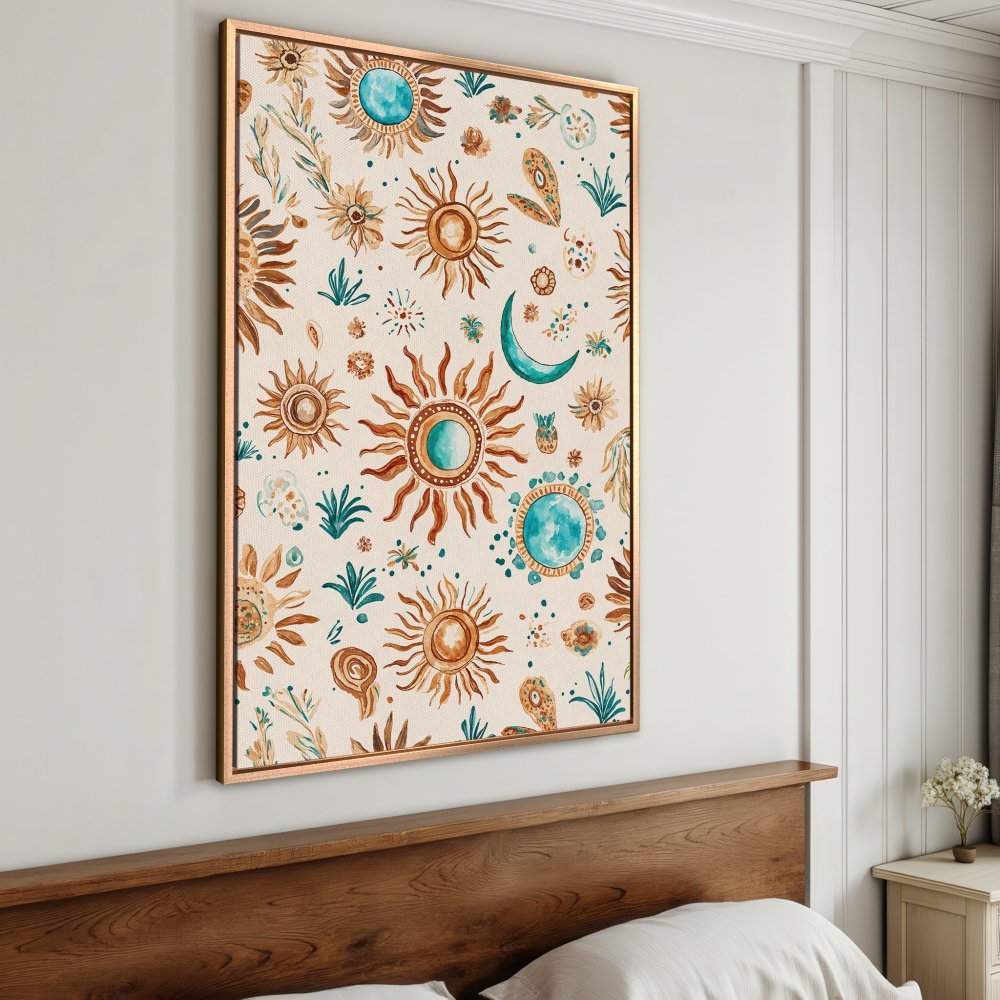 Framed Wall Art: Boho sun and moon watercolor print in warm earth tones. Perfect for adding a touch of celestial style to your bedroom decor.