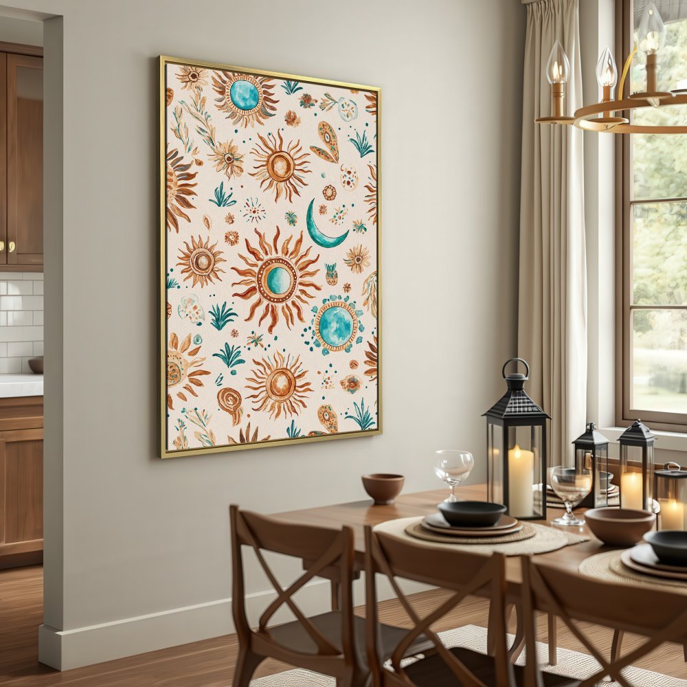 Boho Canvas Print featuring sun and moon watercolor art in warm earth tones. Perfect wall decor for a cozy space!