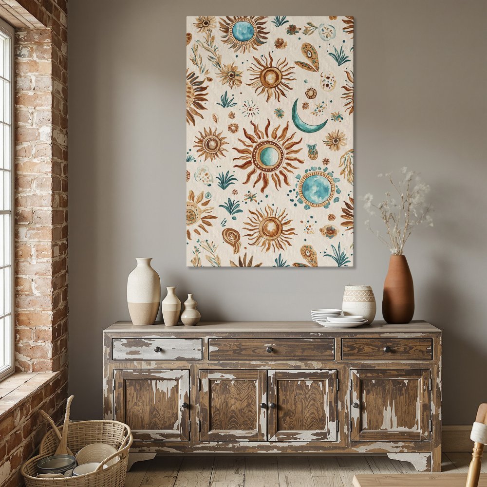 Framed Wall Art: Bohemian sun & moon print in warm earth tones. Perfect for adding a touch of whimsy to your dining room decor!