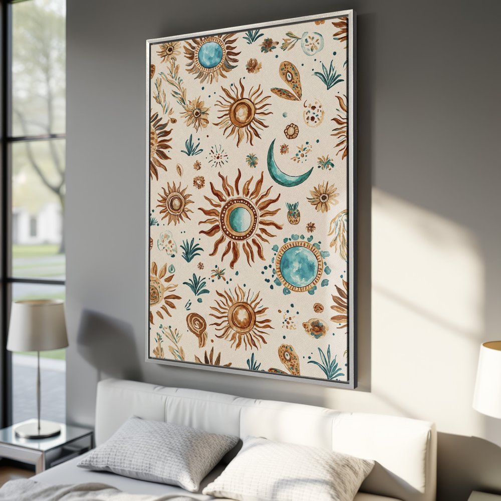 Framed Wall Art: Boho sun and moon pattern in warm brown, teal, and beige tones. Perfect for adding a touch of bohemian style to any room.