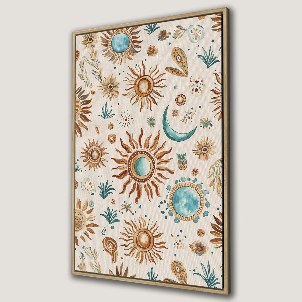 Framed Wall Art featuring a boho sun and moon watercolor pattern in warm earth tones and teal. Perfect for adding a touch of whimsy!