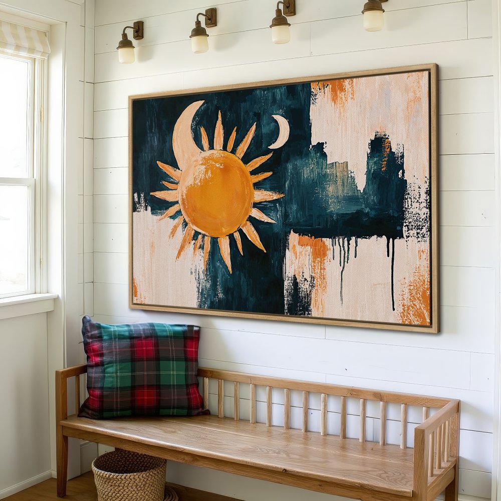 Framed Wall Art: Abstract sun and moon painting in warm orange and teal hues. Modern canvas print for a stylish home.