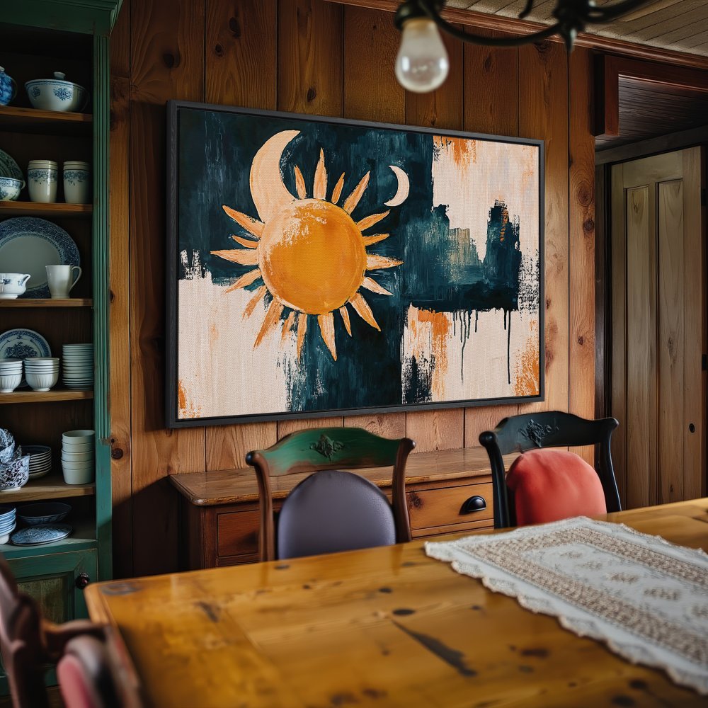 Framed Wall Art: Abstract sun and moon painting in warm orange, teal, and cream tones. Perfect for adding a touch of art to your dining room!