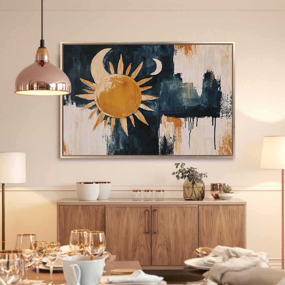 Framed Wall Art: Abstract sun and moon painting in gold, navy, and white. Modern art for home decor, perfect for any space.