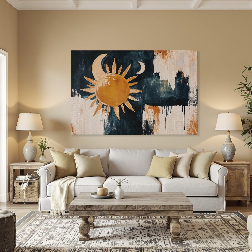 Framed Wall Art: Abstract sun and moon painting in warm orange, teal, and white. Modern art Canvas Print for living room or dining room decor.