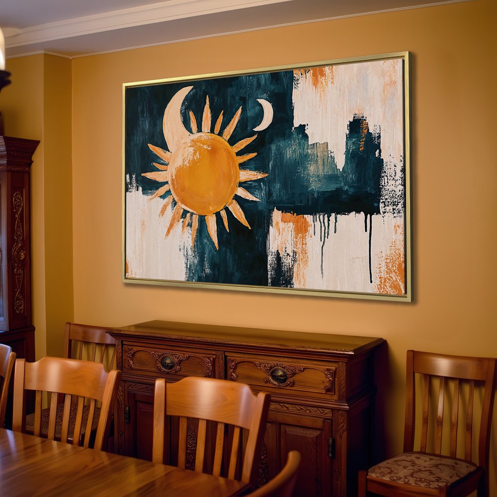 Abstract sun and moon Canvas Print in warm yellow, navy, and white, perfect for modern boho living room decor.