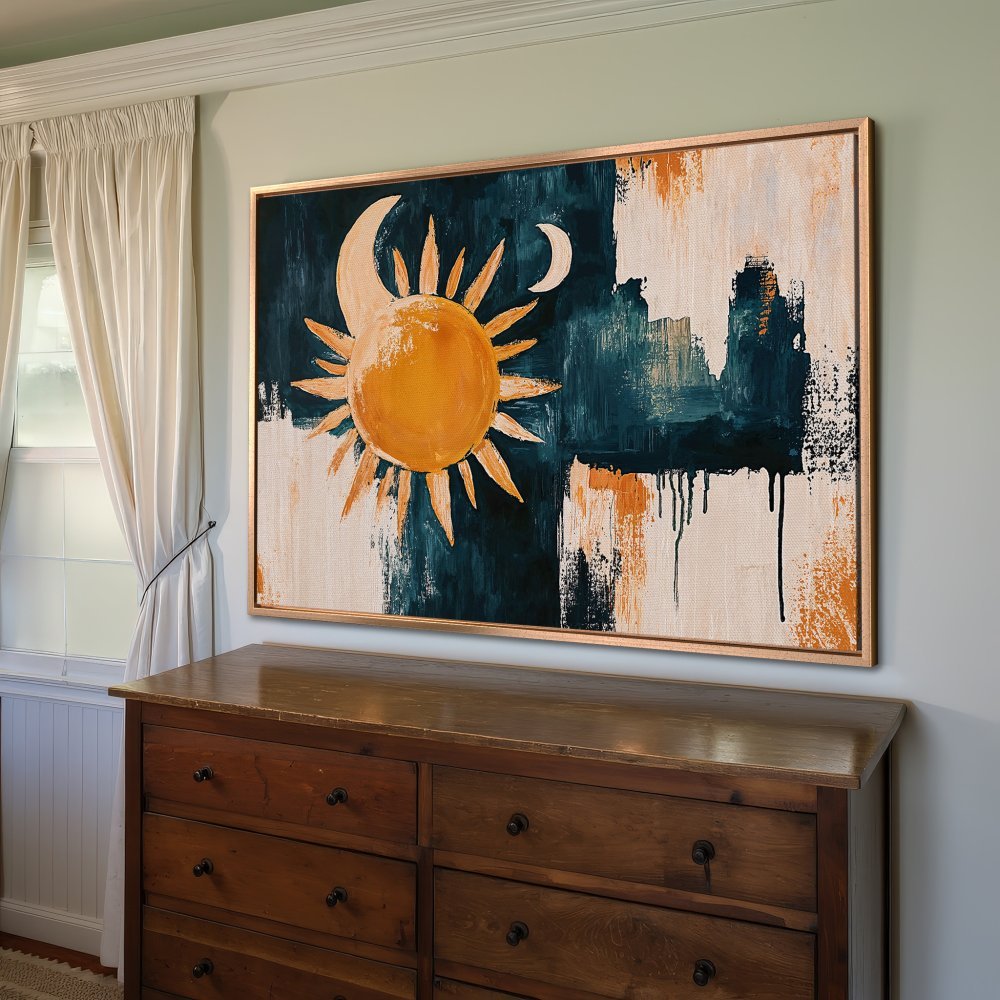 Framed Wall Art featuring a sun and moon abstract painting in teal, orange, and cream. Modern art for your home decor.