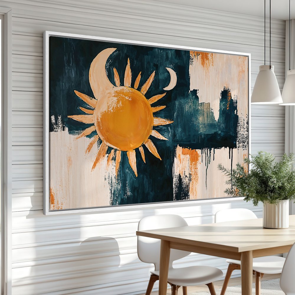 Framed Wall Art: Abstract sun and moon painting in teal, orange, and cream. Modern art for your home. Shop now!