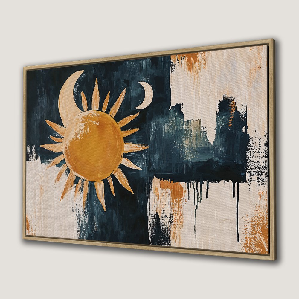 Abstract Canvas Print featuring sun and moon in a modern style with a navy, gold, and cream color palette. Perfect wall art for any room!