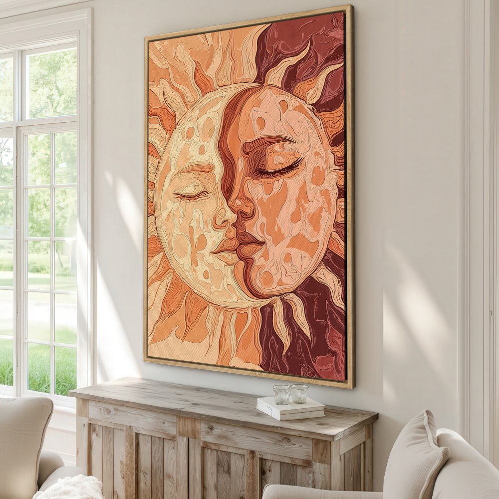 Canvas Print featuring a sun and moon design in warm orange and brown tones. Boho style wall art perfect for any space.