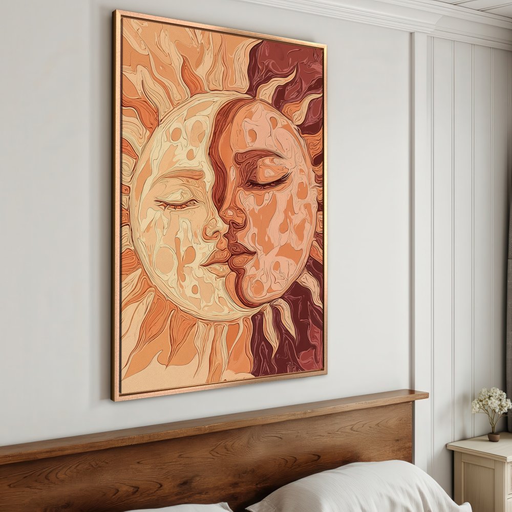 Framed Wall Art: Sun and Moon faces kissing, abstract art in warm orange and brown tones. Perfect for boho decor. Canvas Print.