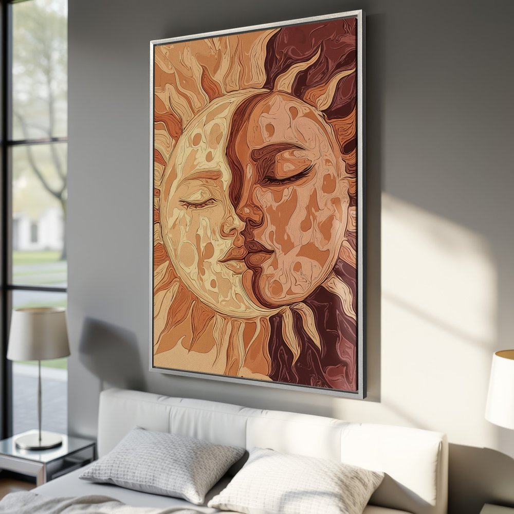 Framed Wall Art: Abstract sun and moon art in warm earth tones. Perfect bedroom decor. Add a touch of bohemian style with this canvas print.