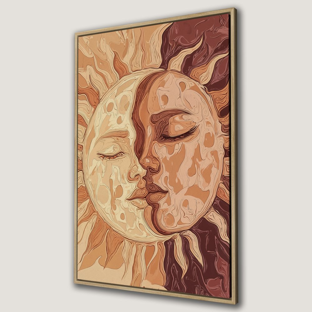 Canvas Print featuring a sun and moon face in warm earth tones. Boho style wall art perfect for adding a touch of celestial beauty to your home.