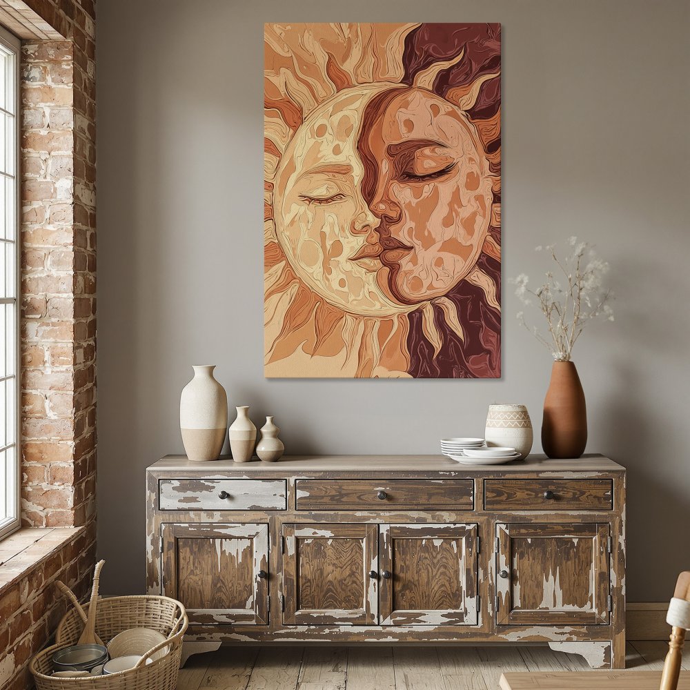 Framed Wall Art: Sun and Moon art print in warm orange tones. Boho style canvas print adds a touch of celestial beauty to any space.
