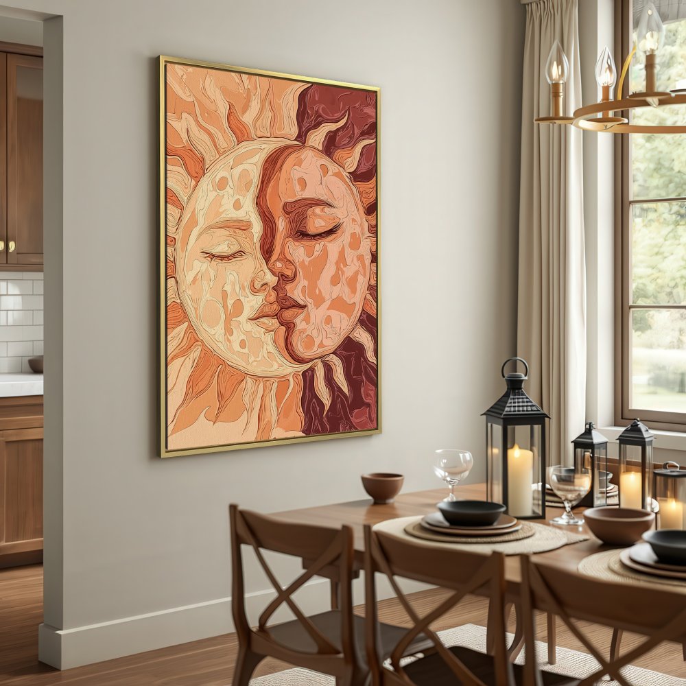 Canvas Print featuring a sun and moon design in warm earth tones. Boho style wall art perfect for adding a touch of celestial beauty to your space.