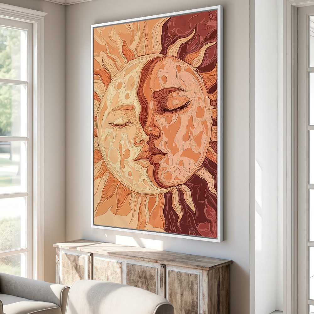 Framed Wall Art: Sun and moon illustration in warm orange tones. Boho style canvas print perfect for living room decor. Bring art to your home!