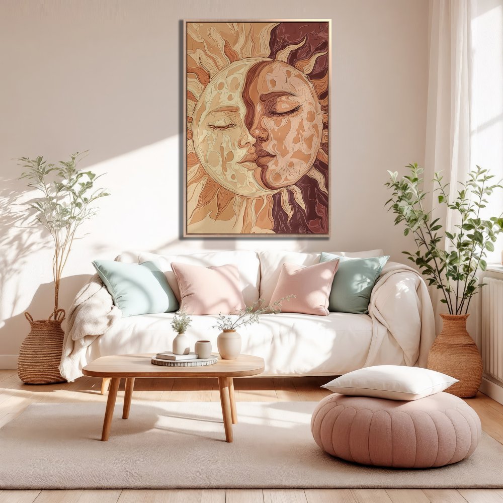Framed Wall Art: Sun and Moon illustration in warm earth tones. Perfect boho decor for your living room!