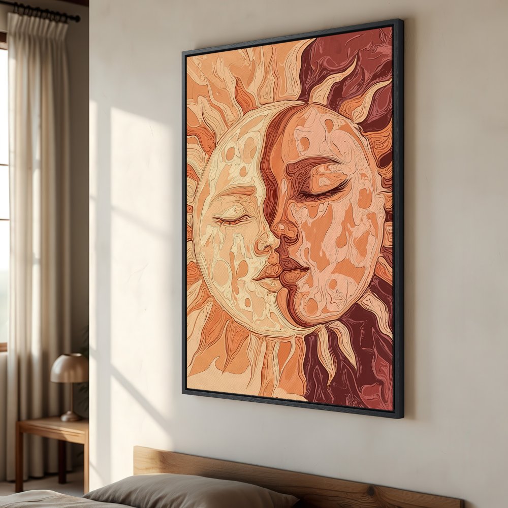 Framed Wall Art: Sun and Moon art print in warm orange tones. Boho style canvas print perfect for bedroom decor.