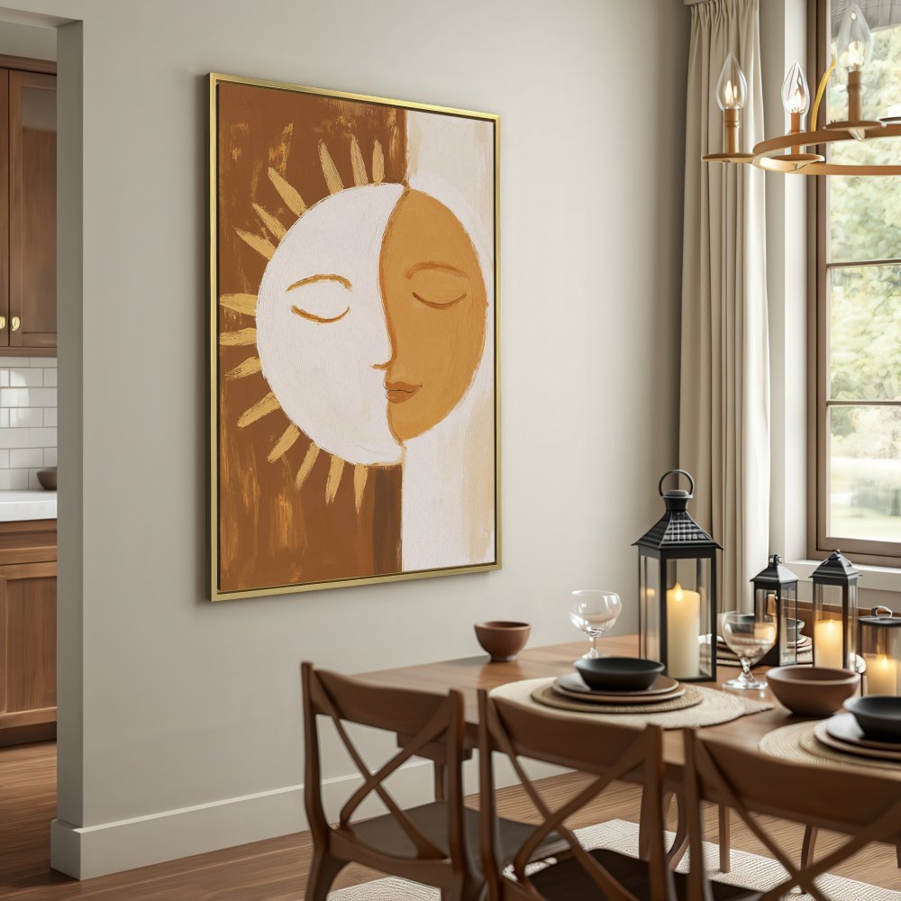 Canvas Print of sun and moon art, earthy tones, minimalist style. Perfect wall decor for a calming space.