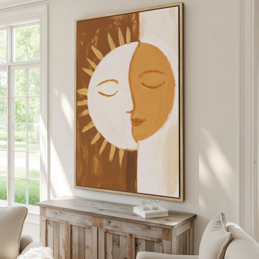 Framed Wall Art: Abstract sun and moon face art in warm earth tones. Perfect for adding a touch of bohemian style to your home decor.
