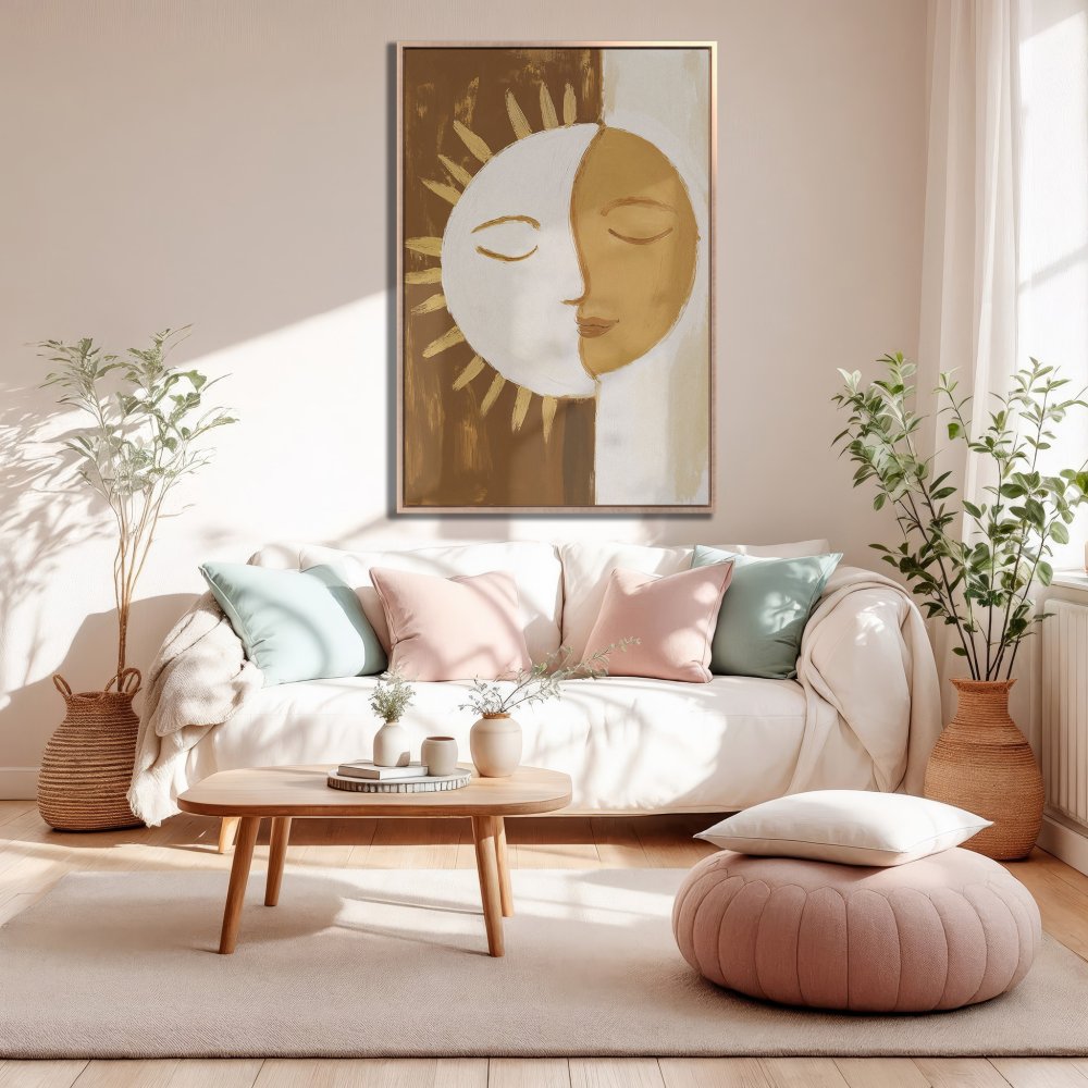 Framed Wall Art: Abstract sun and moon painting in warm tones. Add a touch of boho style to your space with this canvas print!