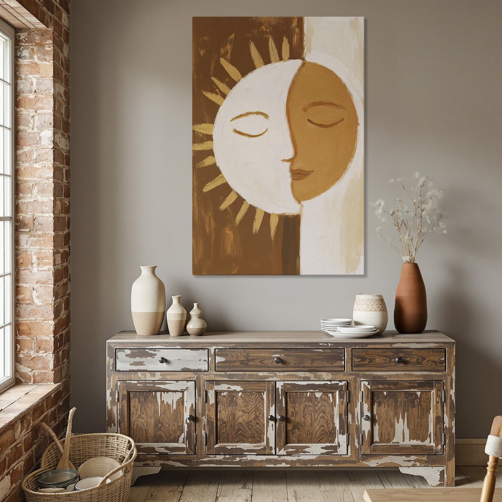 Framed Wall Art featuring a sun and moon abstract design in warm brown and white tones, perfect for adding a touch of boho style.