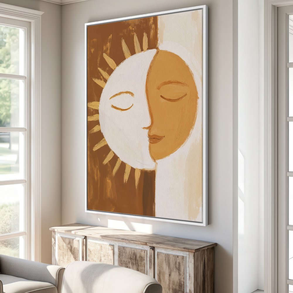 Framed Wall Art: Abstract sun and moon face in warm earth tones. Modern art Canvas Print for a stylish interior.