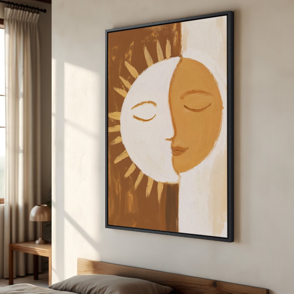 Framed Wall Art: Abstract sun and moon face in warm earth tones. Modern, minimalist style canvas print perfect for bedroom decor.