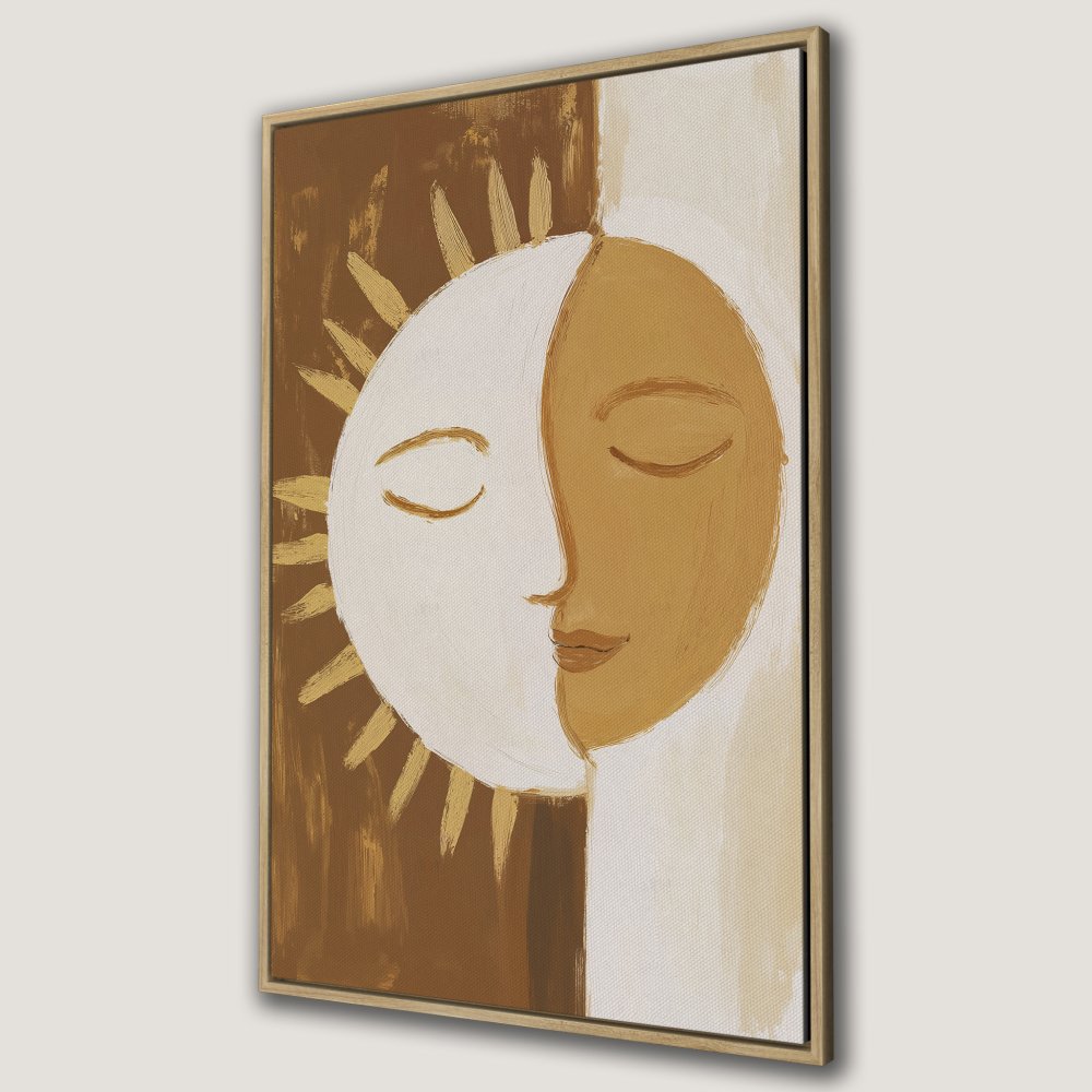 Framed Wall Art: Abstract sun and moon face art in warm earth tones. Modern canvas print perfect for boho decor.