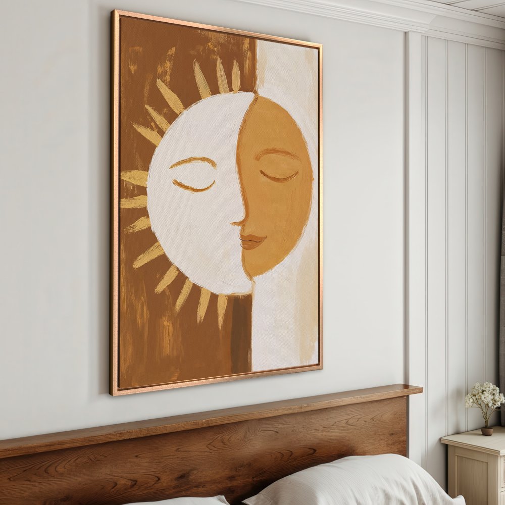 Framed Wall Art: Abstract sun and moon face in warm earth tones. Boho style canvas print for bedroom decor.