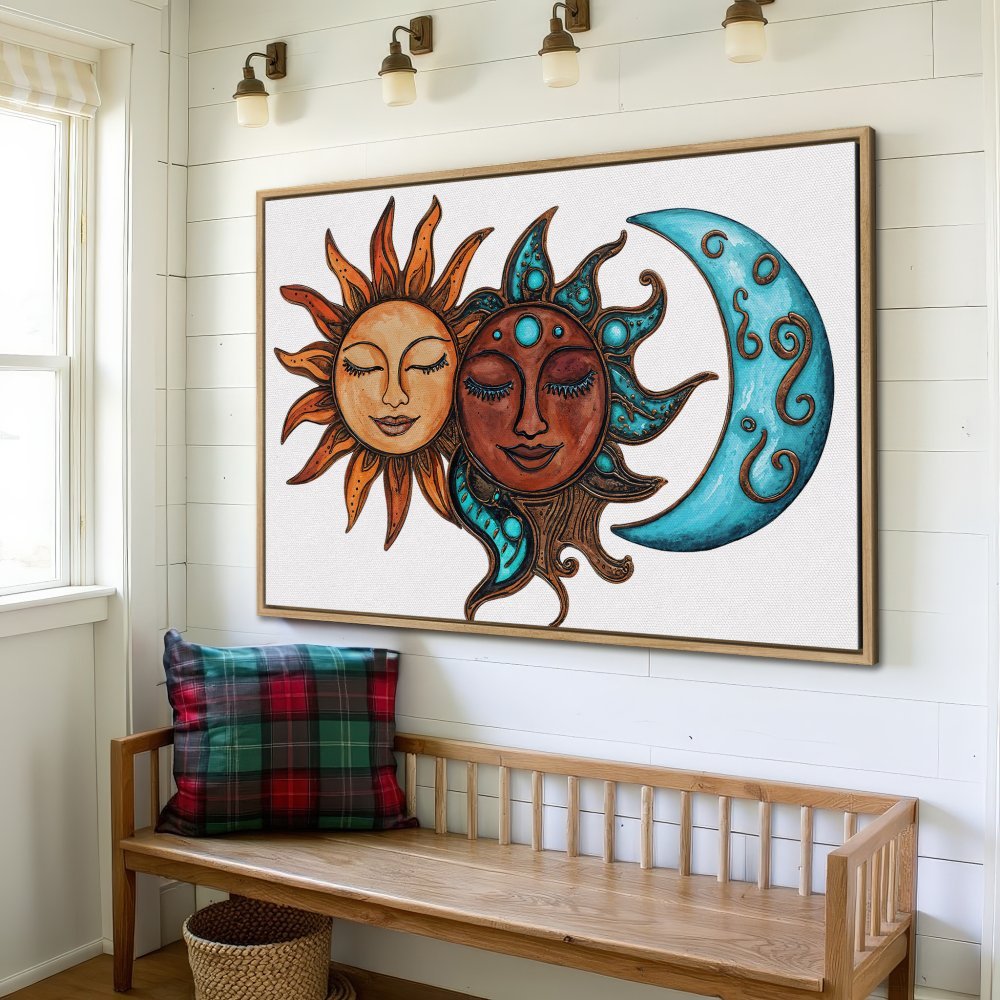 Framed Wall Art: Boho sun and moon canvas print in warm orange, brown, and teal tones. Perfect for adding a touch of celestial style to your home decor.