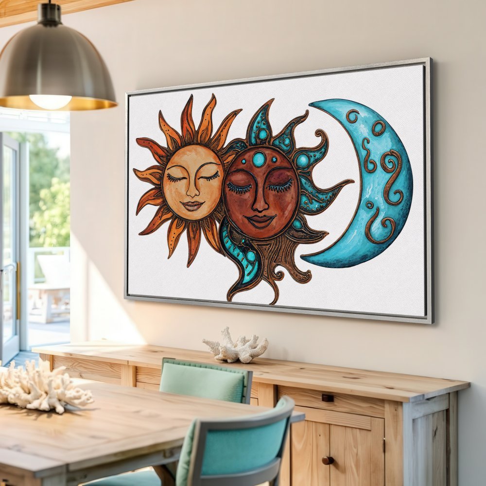 Canvas Print featuring a sun and moon design in warm orange, brown, and teal hues. Bohemian wall art perfect for any room!