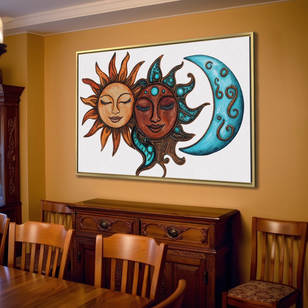 Canvas Print featuring a sun, moon, and stars illustration in warm earth tones. Boho style wall art for a cozy living room.