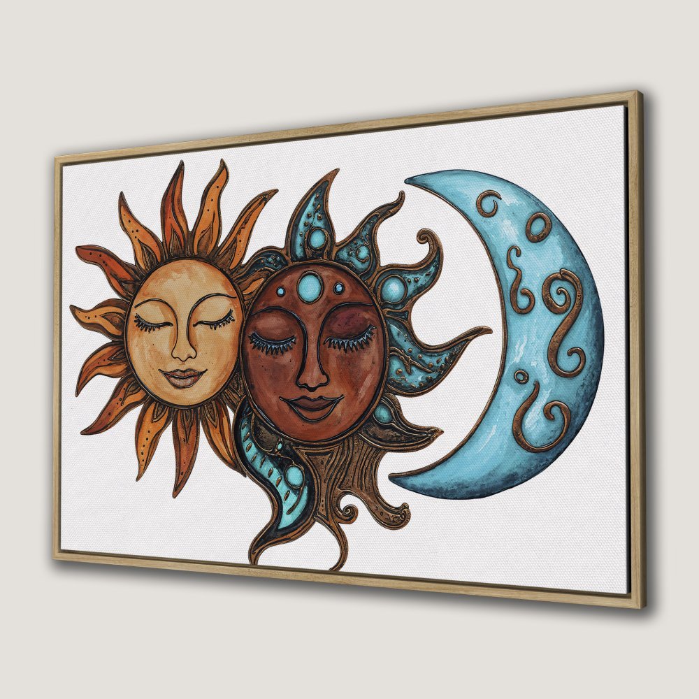 Canvas Print of sun and moon art, boho style, warm and cool color palette, perfect for home decor.