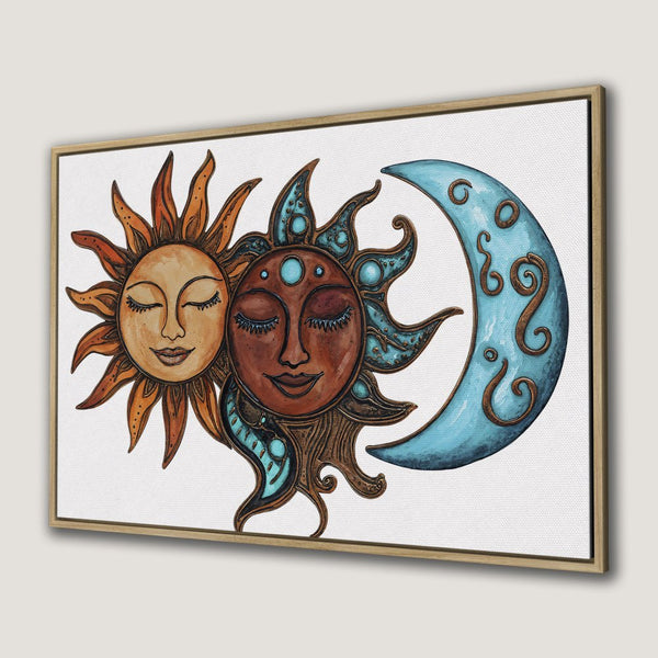 Canvas Print of sun and moon art, boho style, warm and cool color palette, perfect for home decor.