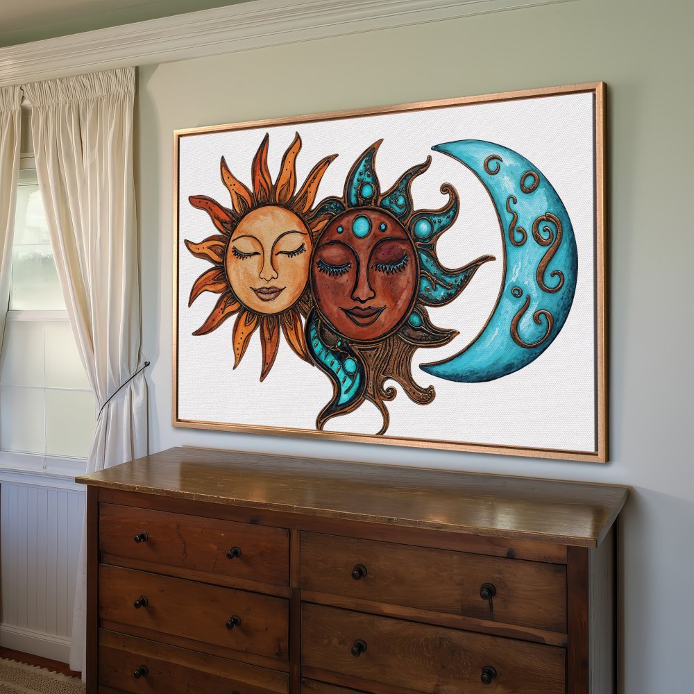 Canvas Print featuring a sun and moon design in warm orange, brown, and teal tones. Boho style wall art for a cozy interior.
