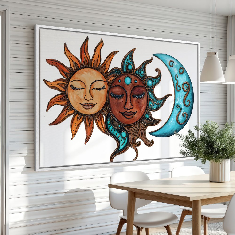Canvas Print featuring a sun and moon design in warm orange, brown, and teal tones. Boho style wall art for your home!