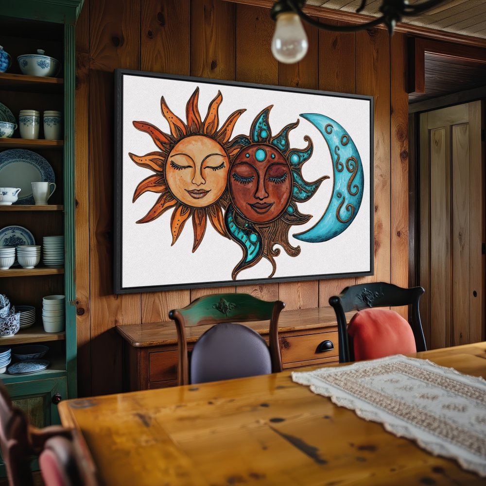Framed Wall Art: Boho sun and moon canvas print in warm orange, turquoise, and brown. Perfect for adding a touch of celestial style.