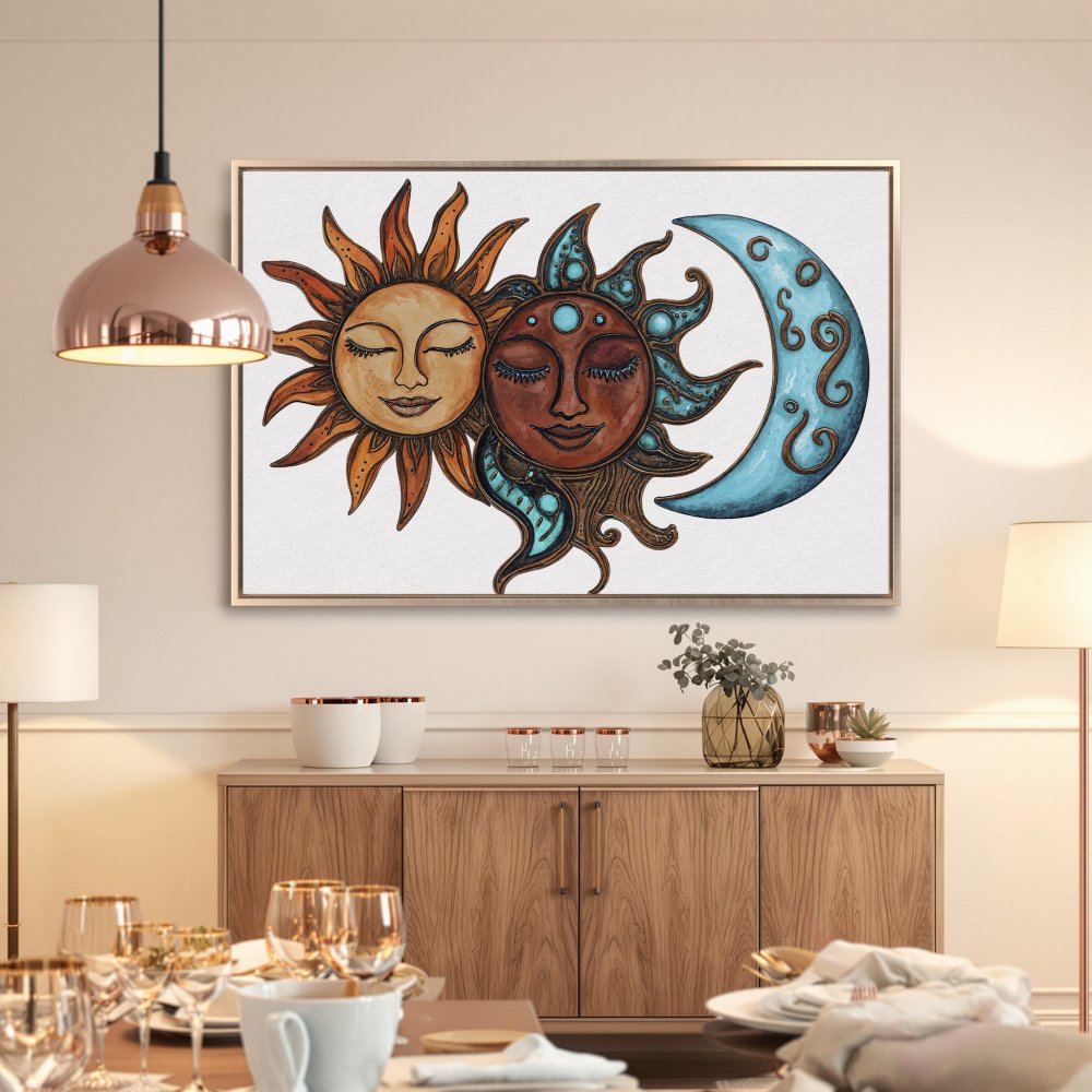 Framed Wall Art: Celestial sun and moon illustration in warm, earthy tones. Bohemian style Canvas Print adds a touch of zen to any space.