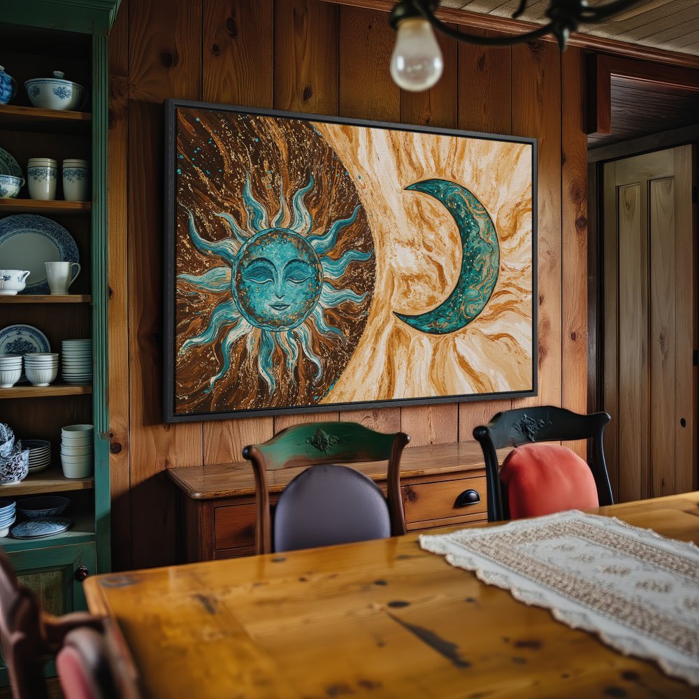 Framed Wall Art featuring a sun and moon design in teal and brown hues, perfect for adding a touch of bohemian style to your home.