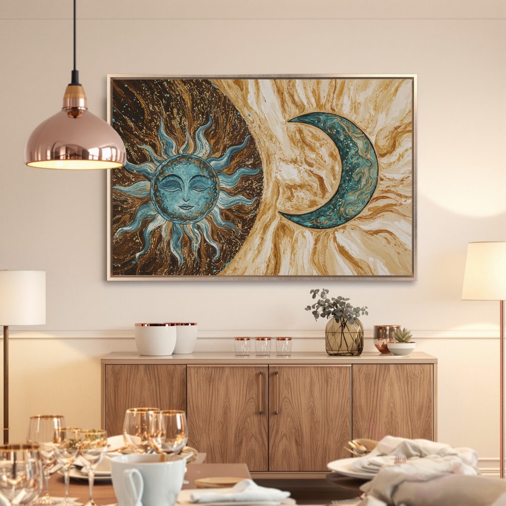 Framed Wall Art: Celestial Sun & Moon Canvas Print in teal and gold. Add a touch of bohemian style to your home decor!