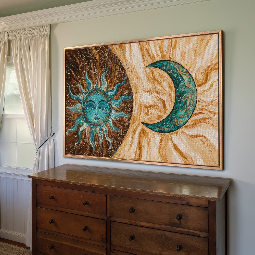Framed Wall Art: Celestial sun and moon painting in teal and gold. Boho style Canvas Print adds a touch of magic to any space.