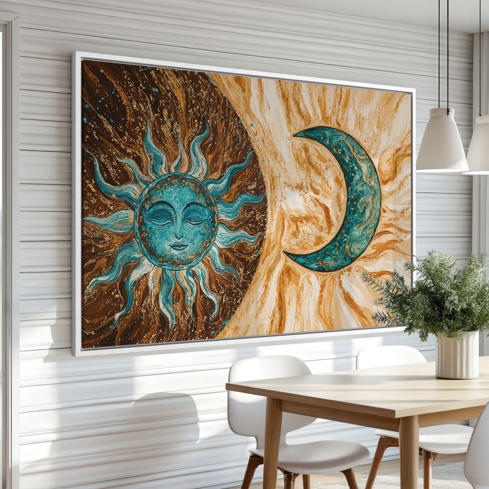 Framed Wall Art featuring a celestial sun and moon design in teal, brown, and gold. Perfect for adding bohemian style to your home decor.