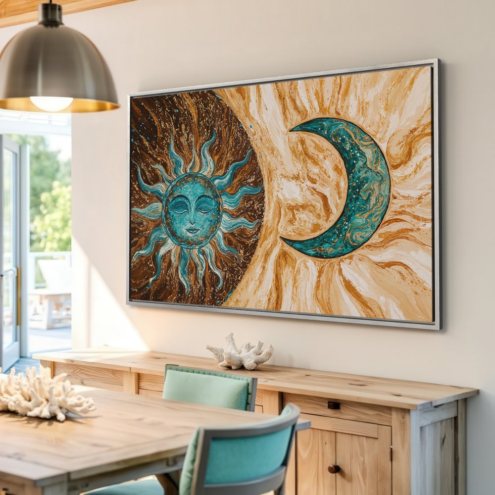 Framed Wall Art: Sun and moon celestial canvas print in teal and gold. Boho style art for home decor.